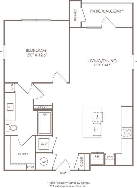 Floor plan for 1 bed, 1 bath, 892 sqft